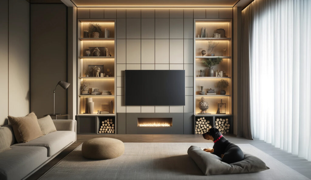 The image depicts of of UK Home Cinemas sleek and modern, fabric panel based media walls in a modern living room. The media wall has a large flat-screen television mounted centrally above a sleek, built-in electric fireplace. The fabric panel wall is flanked by symmetrical shelving units, illuminated by warm, recessed lighting. These shelves display various decorative items, including vases, sculptures, books, and greenery, adding to the room's aesthetic appeal. The living room has a neutral color palette, with beige and gray tones dominating the space. A comfortable beige sectional sofa with plush cushions is positioned to the left, accompanied by a stylish floor lamp. A round, beige ottoman sits in front of the sofa. On the floor in front of the media wall, a dog with a red collar lies on a gray dog bed, adding a cozy and homey touch to the scene. The room is filled with natural light filtering through floor-to-ceiling curtains, enhancing the warm and inviting atmosphere. The overall design is clean, minimalist, and elegantly understated, perfect for a modern home.