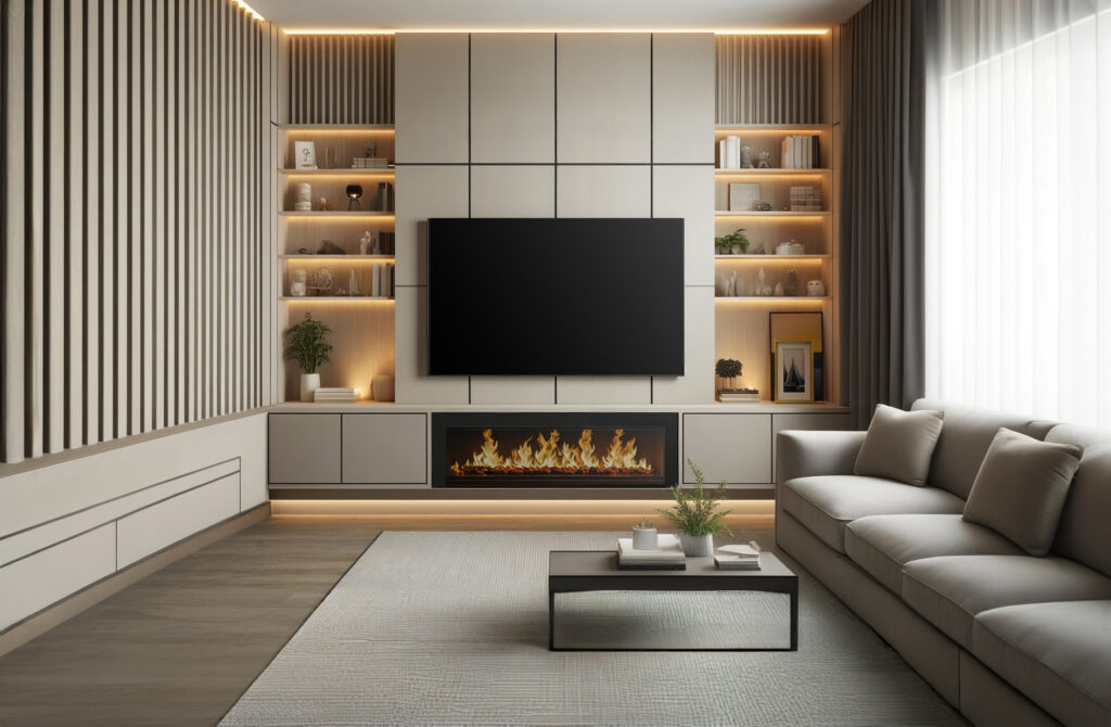 The image depicts of of UK Home Cinemas sleek and modern, fabric panel based media walls in a contemporary living room. The fabric panel media wall features a large flat-screen television mounted centrally above an elegant, linear electric fireplace. The design is minimalist, with large fabric panels behind the tv hiding the speakers and a neutral color palette dominated by beige and light gray tones. The media wall is integrated with floor-to-ceiling cabinetry, offering ample storage for av equipment while maintaining a streamlined appearance. Below the fireplace, there are open shelves illuminated by soft, recessed lighting. These shelves display a few decorative items, such as books and ceramic vases, adding subtle yet stylish accents to the room. The living room also includes a beige sectional sofa and matching ottoman, arranged to create a comfortable seating area facing the media wall. A low-profile coffee table sits in front of the sofa, complementing the minimalist aesthetic. Floor-to-ceiling curtains on the left side allow natural light to flood the space, enhancing the room's bright and airy feel. The overall design is sophisticated and understated, perfect for a modern home seeking a clean and cozy atmosphere.