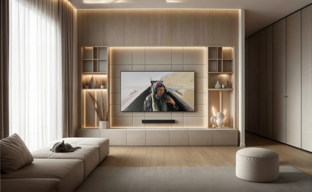 The image shows a modern, minimalist living room with a large, flat-screen television mounted on one of uk home cinemas media walls. The TV is displaying an image from Top Gun. The media wall is made from fabric panels and features custom-built shelving units on either side of the television, illuminated by soft, recessed lighting. The shelves contain decorative items such as vases and dried plants, enhancing the aesthetic appeal of the room. The room itself has a light color palette with beige and light wood tones. There is a low, comfortable-looking beige sectional sofa with a sleeping gray cat on it. Next to the sofa is a round, upholstered ottoman in a matching color. The floor-to-ceiling curtains allow natural light to filter through, adding to the serene and cozy atmosphere. The wooden floor complements the overall minimalist design of the living room. 