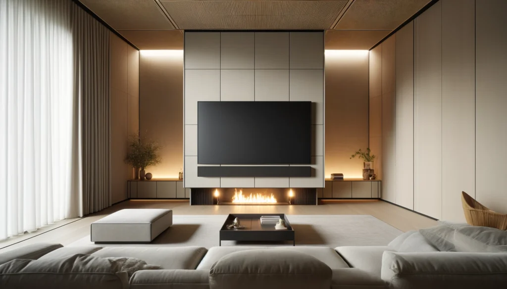 The image features a modern, minimalist media walls in a landscape-oriented living room with a cozy, intimate setting. The media wall is designed with large fabric panels and a neutral color palette, predominantly beige and gray tones. At the center of the media wall is a large, flat-screen television mounted above a sleek, built-in linear fireplace. The fireplace emits a warm, inviting glow, enhancing the room's ambiance. Flanking the television and fireplace are symmetrical storage units, providing both aesthetic and functional elements. These units are adorned with subtle decorative items, including vases, books, and greenery, which add a touch of elegance to the space. The soft, recessed lighting above the storage units highlights these decorative elements and creates a warm, inviting atmosphere. In front of the media wall, there is a beige sectional sofa with plush cushions, offering a comfortable seating area. A matching ottoman is positioned in front of the sofa, and a black coffee table with books and decor items sits at the center. Floor-to-ceiling curtains on the left side of the room allow natural light to filter in, complementing the artificial lighting and enhancing the room's overall brightness. The wooden flooring and minimalist decor contribute to the serene and sophisticated aesthetic of the living room.