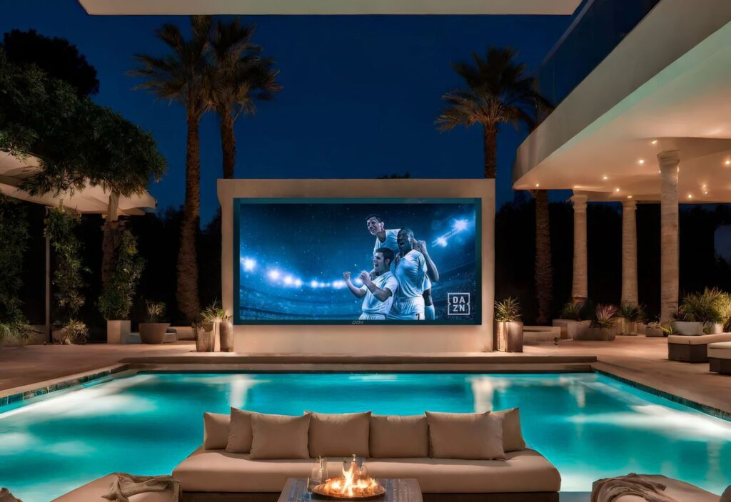 Zion Luxury TV outdoor pool side, large TV screen outdoors